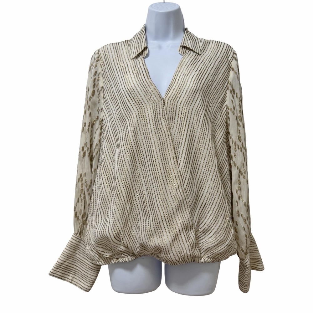 Vince Camuto Womens Faux Wrap Metallic Stripe Shine Top Blouse Size L White Luxe